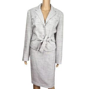 LARRY LEVINE 2PC Blue Silver Polyester Rayon Belted Career Skirt Suit Set
